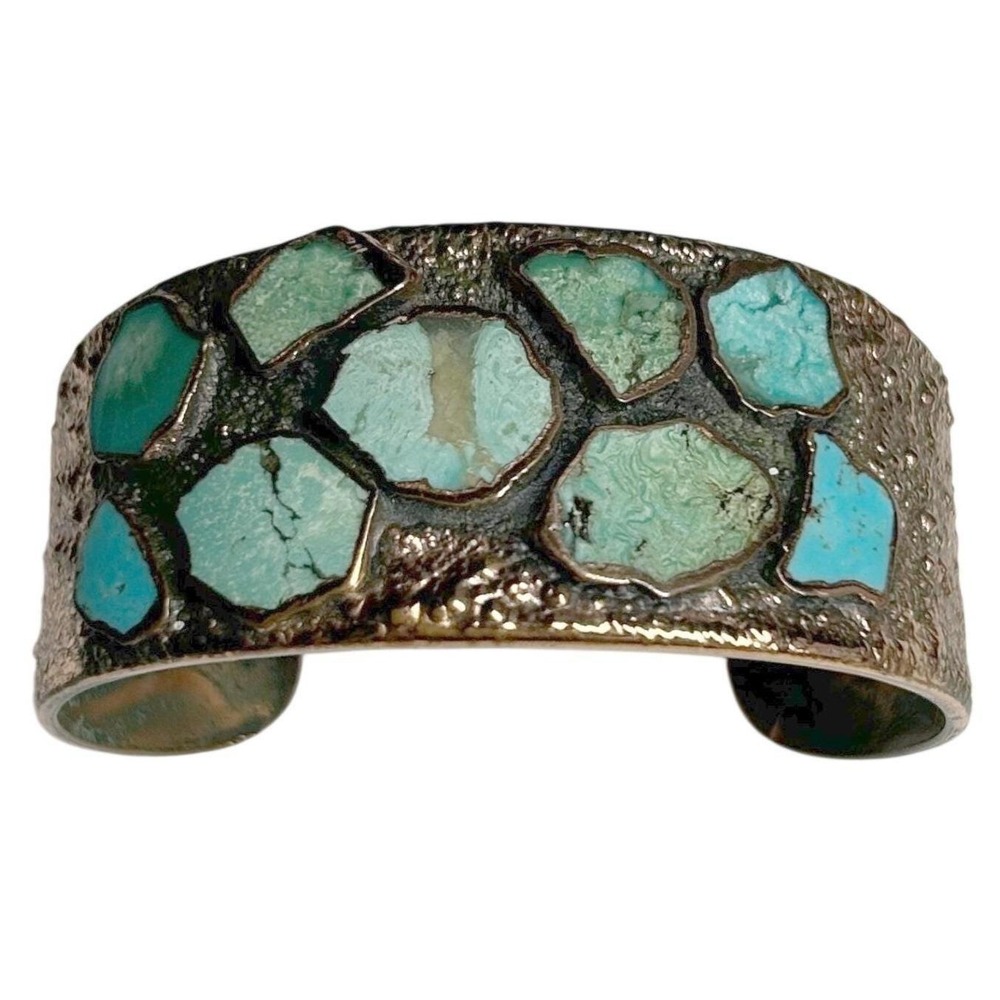 Vintage Navajo Bell Trading Post Copper Turquoise Cuff Bracelet Corinthian 1970